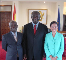 President Kufuor (centre) with Mr. Mpiani (Chief of Staff) and World Investment News Correspondent Melanie Hardiman.