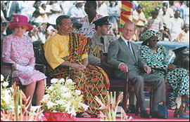 Queen Elizabeth, President Rawlings, Prince Philipp and the First Lady Nana Konadu Agyeman-Rawlings, during the Queen's visit to Ghana