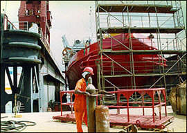 Ship during drydock repairs 